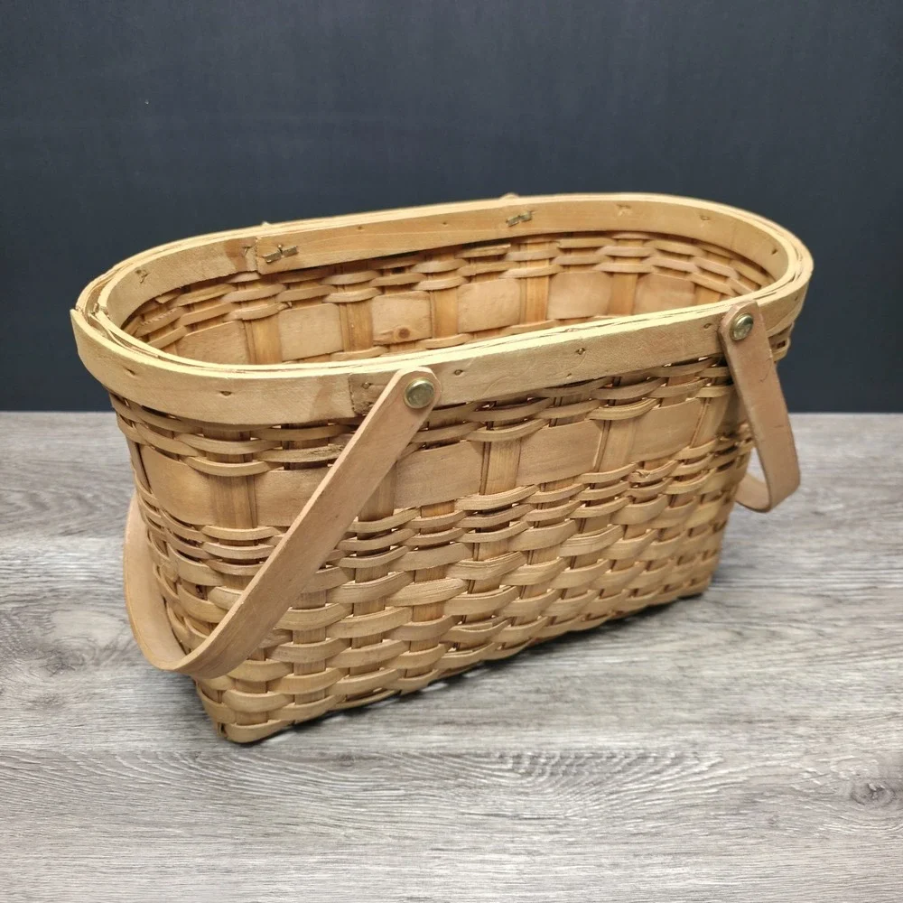 Vintage Double Handled Light Brown Wooden Basket 13x9x6 Rustic Home Decor